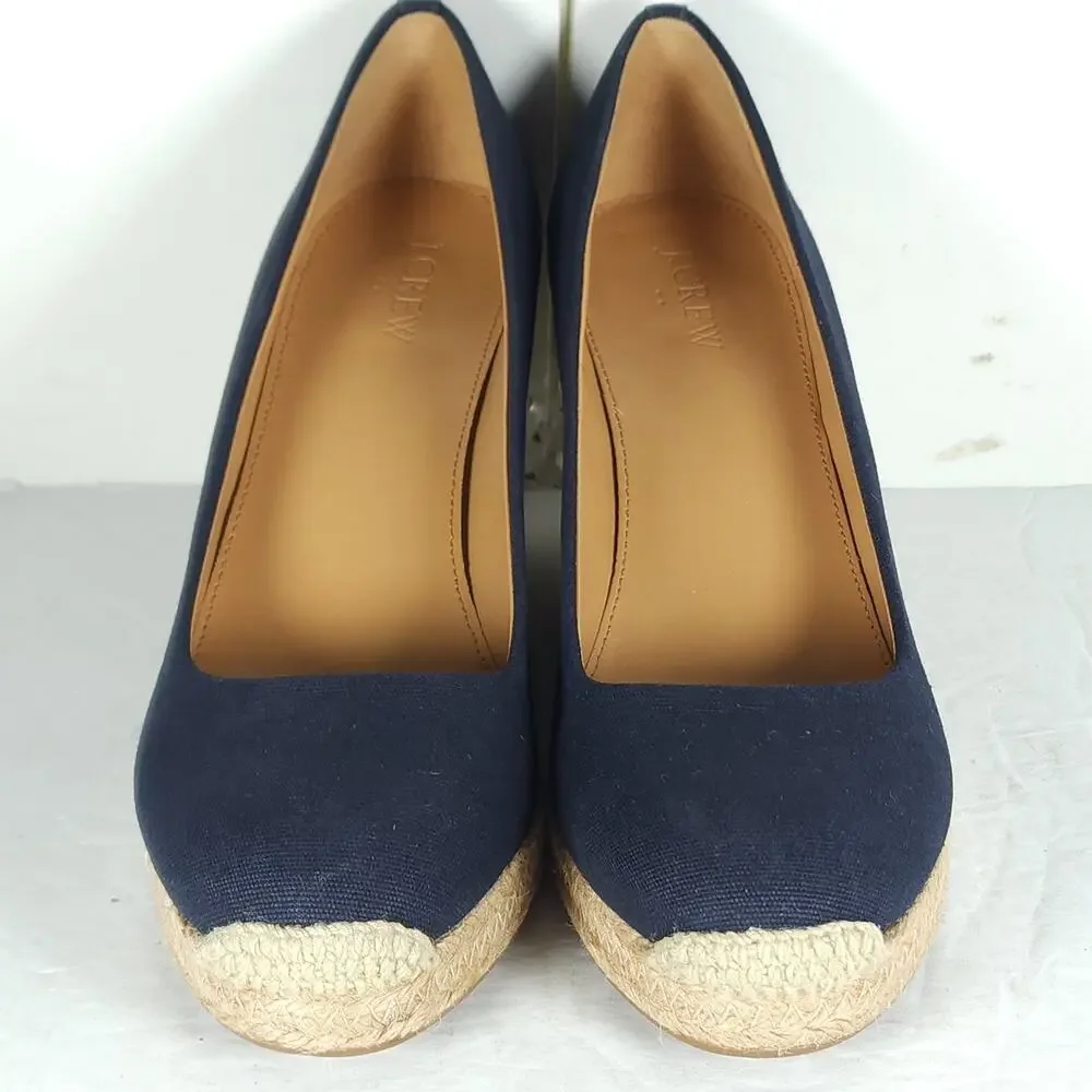 J. Crew Women's US 9 Canvas Navy Blue Wedge Pumps Espadrille Shoes New